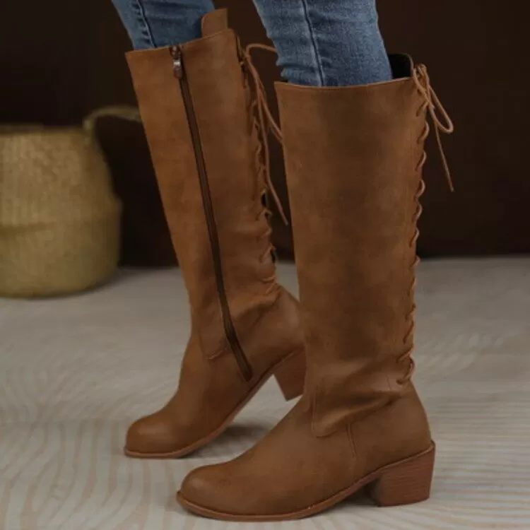 Women's Back Tied Straps Side Zippers Block Heel Tall Boots