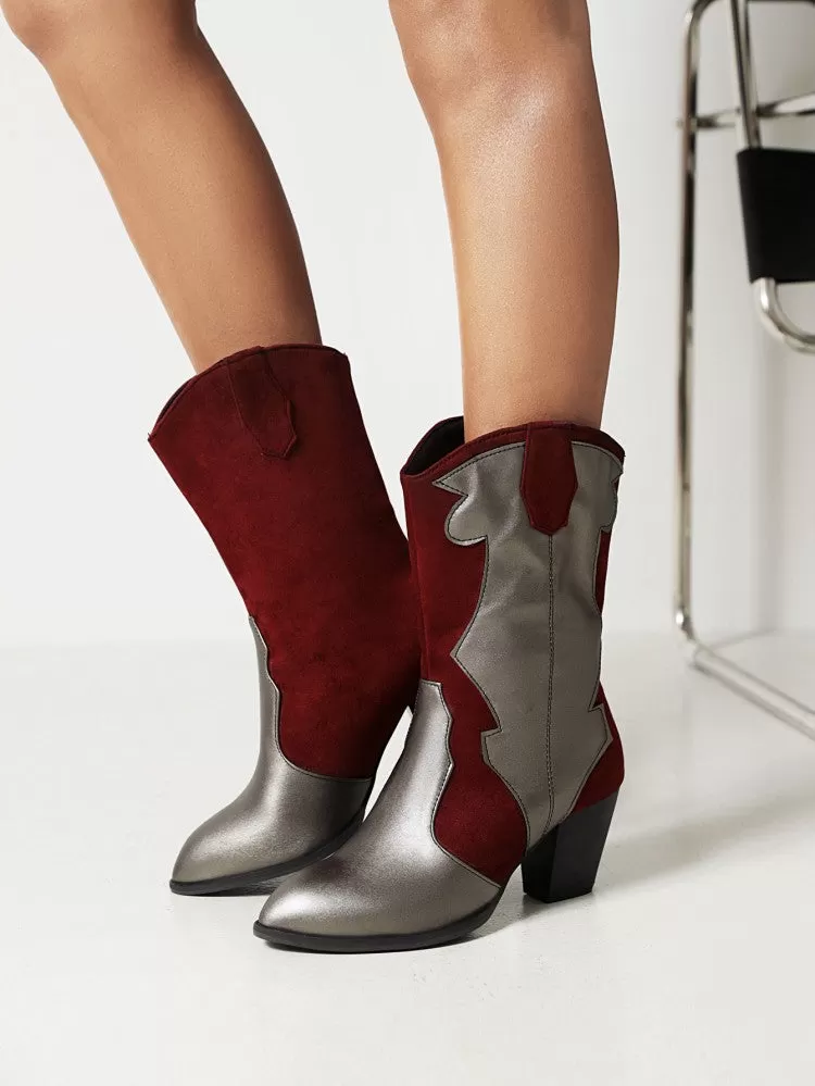 Women's Bicolor Patent Flock Patchwork Block Chunky Heel Mid Calf Boots