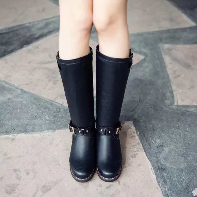 Women's Buckle Straps Block Heel Knee High Knight Boots