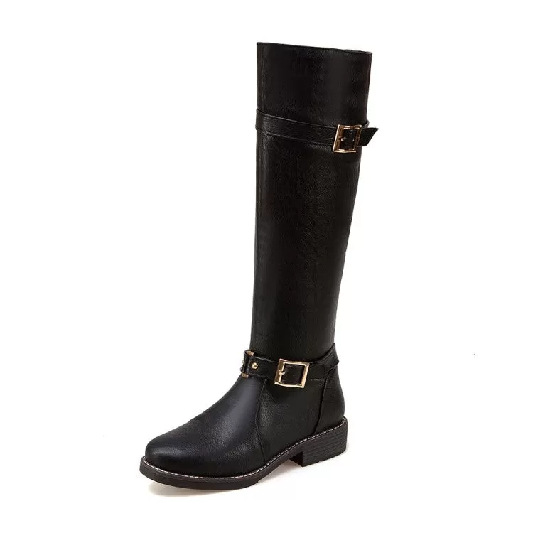 Women's Buckle Straps Block Heel Knee High Knight Boots