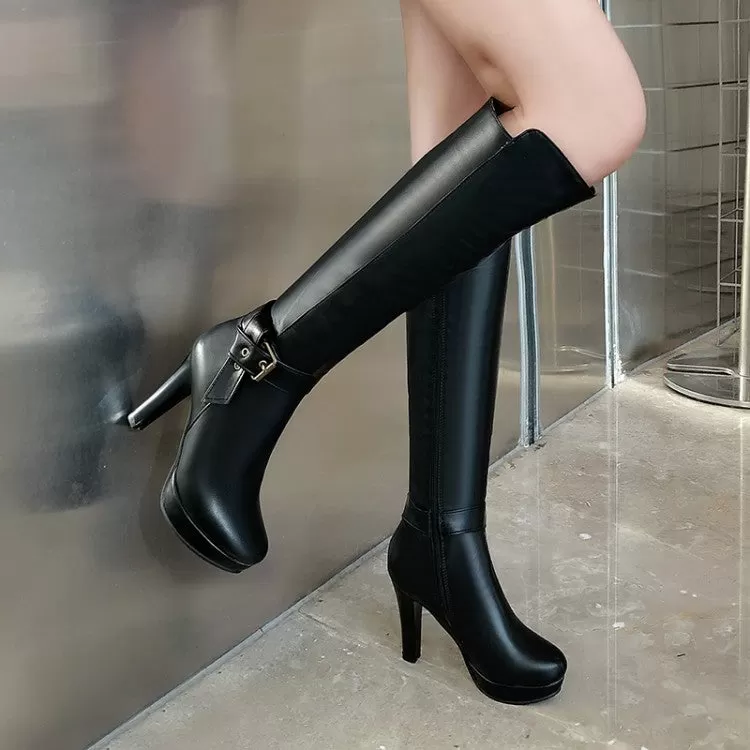 Women's Buckle Straps Side Zippers Block Chunky Heel Platform Knee High Boots