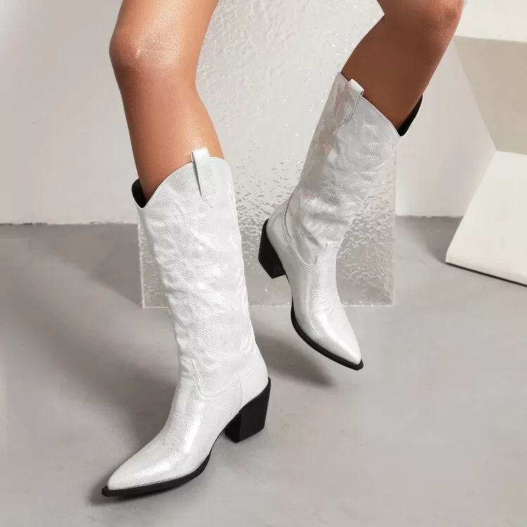 Women's Cowboy Pointed Toe Beveled Heel Embroidery Mid Calf Western Boots