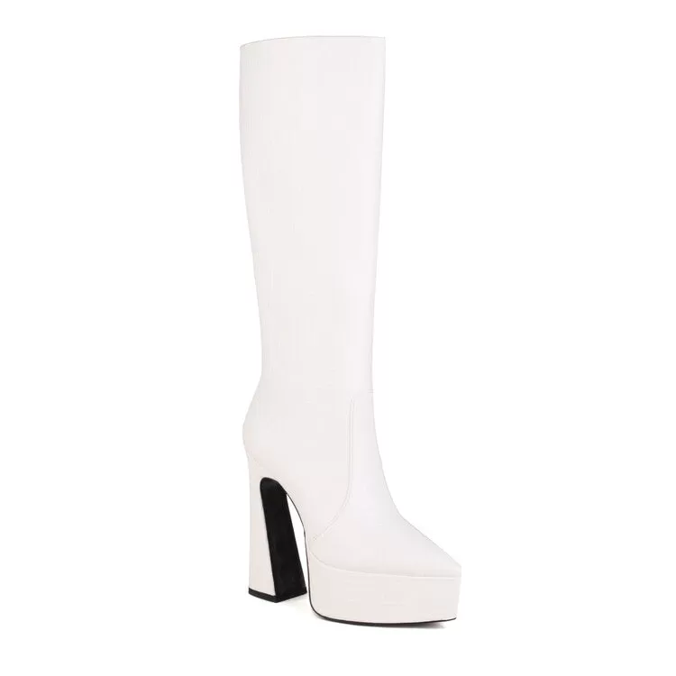 Women's Crocodile-Pattern Glossy Pointed Toe Spool Heel Platform Knee High Boots