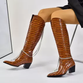 Women's Crocodile Pattern Pointed Toe Metal Chains Knee High Boots