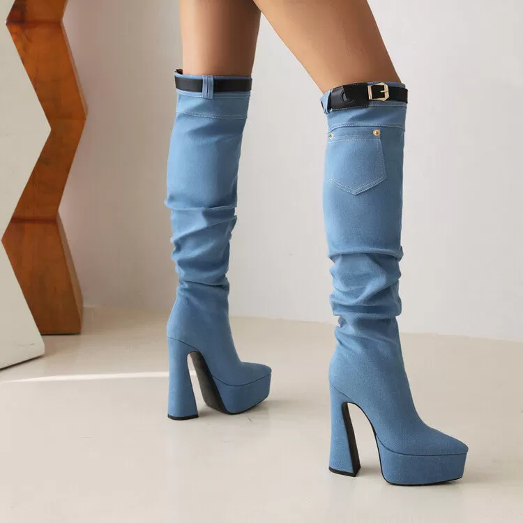 Women's Denim Pointed Toe Pocket Buckle Straps Spool Heel Platform Knee High Boots