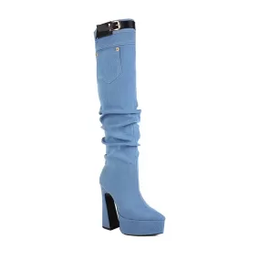 Women's Denim Pointed Toe Pocket Buckle Straps Spool Heel Platform Knee High Boots