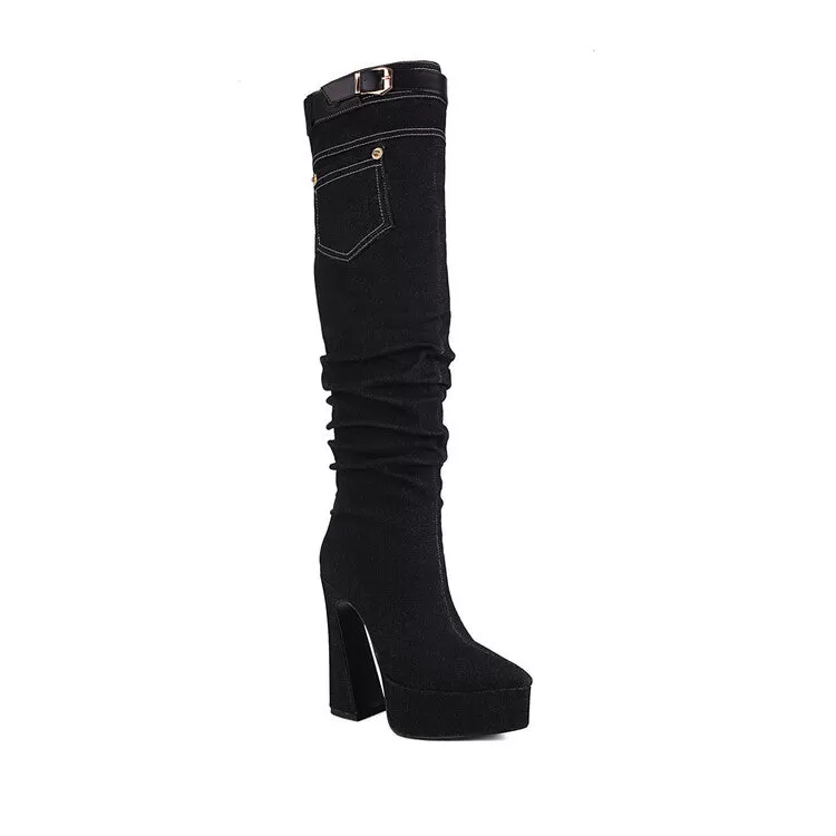 Women's Denim Pointed Toe Pocket Buckle Straps Spool Heel Platform Knee High Boots