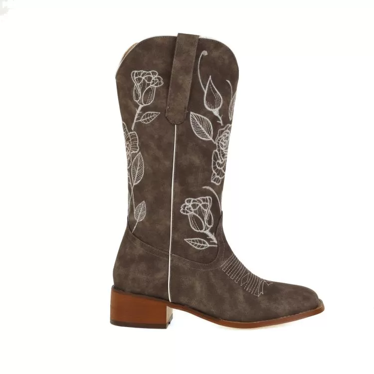 Women's Embroidery Pointed Toe Block Heel Cowboy Mid Calf Boots