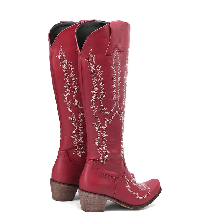 Women's Embroidery Puppy Heel Cowboy Knee High Boots