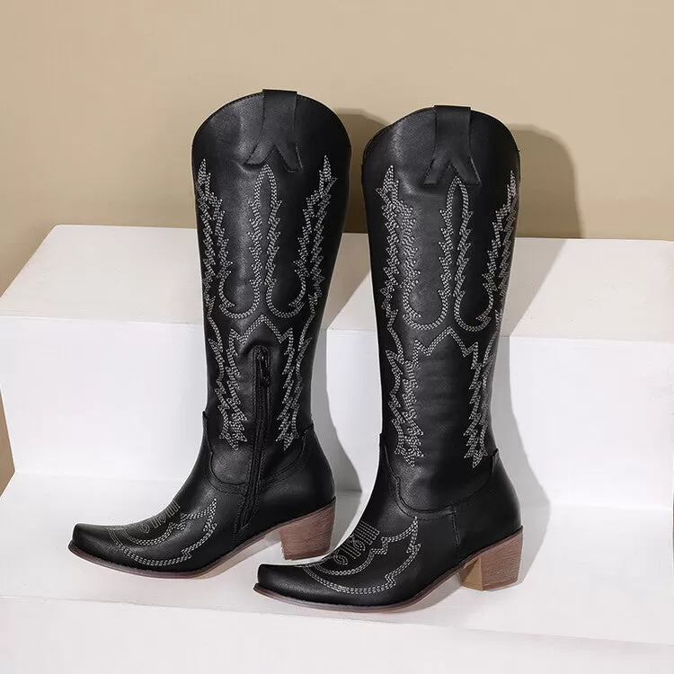 Women's Embroidery Puppy Heel Cowboy Knee High Boots