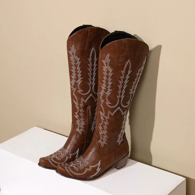 Women's Embroidery Puppy Heel Cowboy Knee High Boots