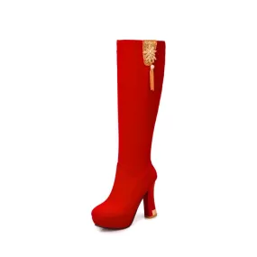 Women's Flock Rhinestone Tassel Side Zippers Spool Heel Platform Knee High Boots