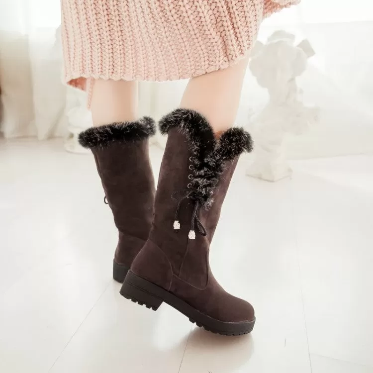 Women's Flock Round Toe Lace-Up Block Chunky Heel Mid-Calf Boots