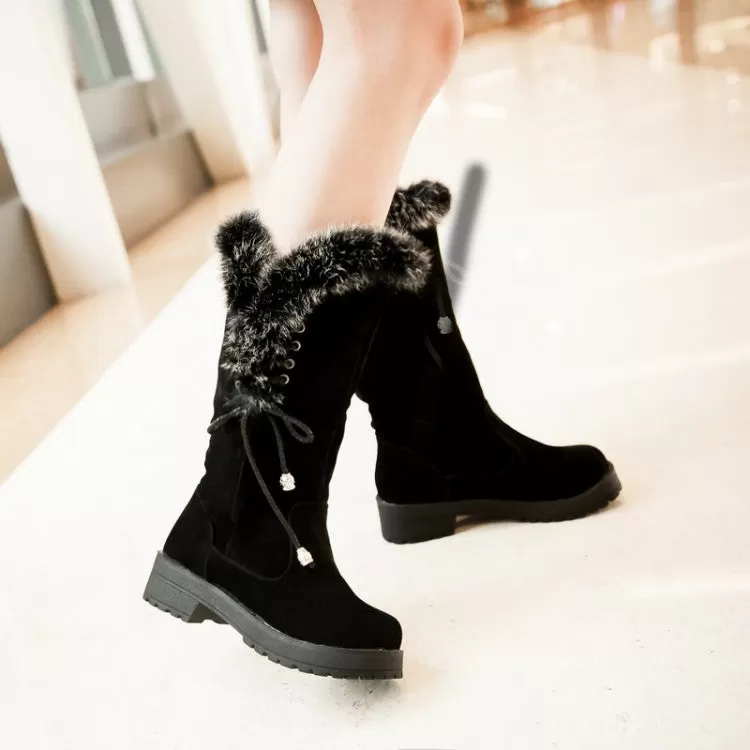 Women's Flock Round Toe Lace-Up Block Chunky Heel Mid-Calf Boots