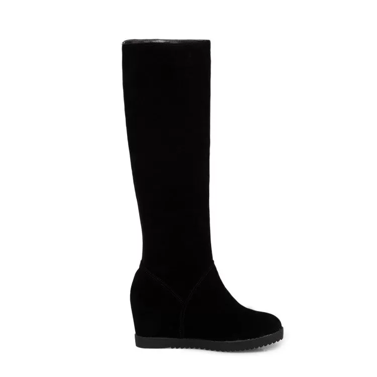 Women's Flock Round Toe Zippers Wedge Heel Knee High Boots