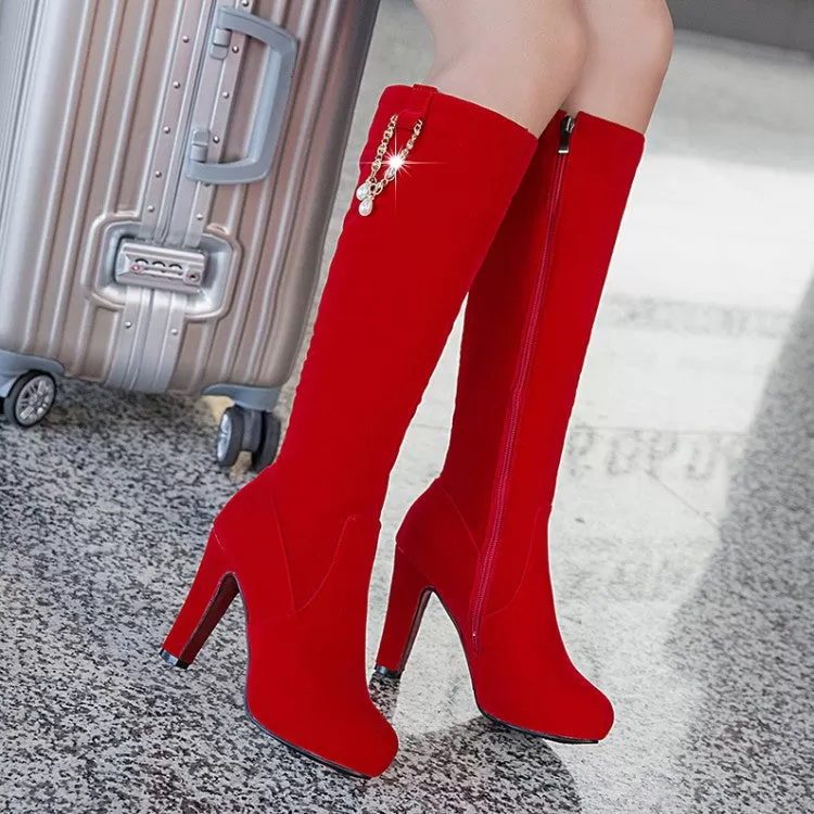 Women's Flock Side Zippers Pearls Chains Block Chunky Heel Platform Knee High Boots