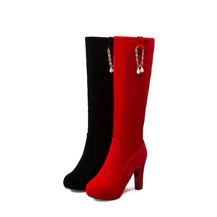 Women's Flock Side Zippers Pearls Chains Block Chunky Heel Platform Knee High Boots