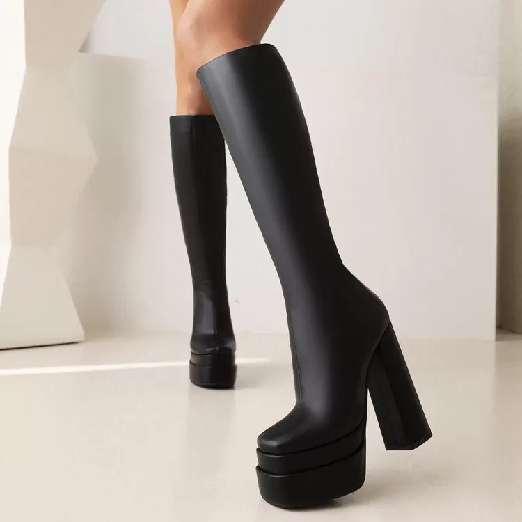 Women's Frosted Pu Leather Square Toe Block Chunky Heel Side Zippers Platform Knee High Boots