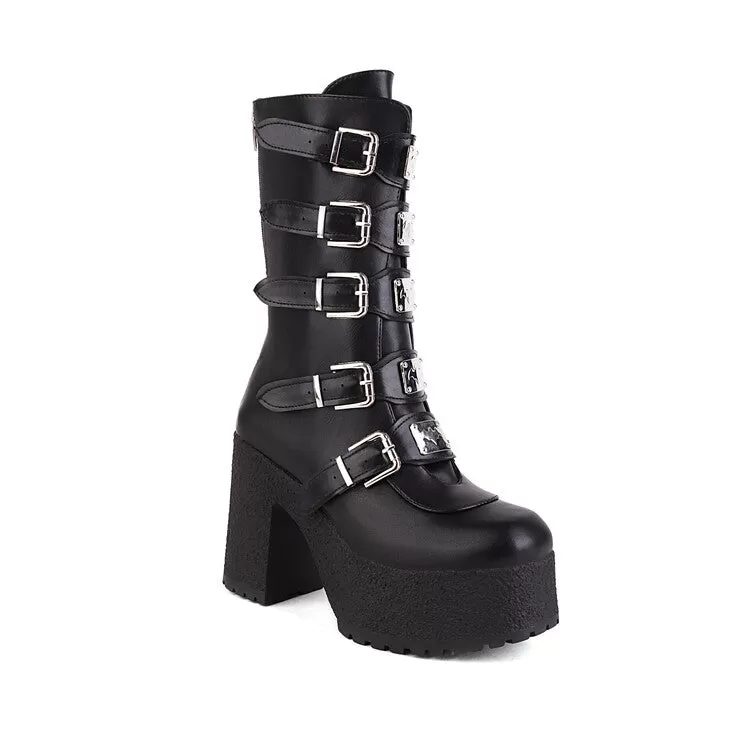 Women's Glossy Metal Buckle Straps Block Chunky Heel Platform Mid-calf Boots