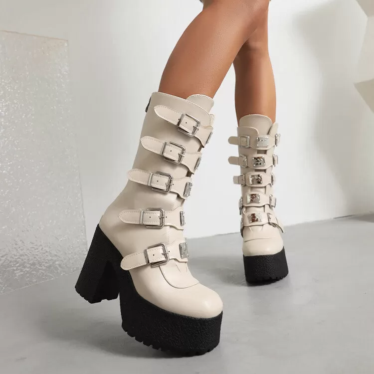 Women's Glossy Metal Buckle Straps Block Chunky Heel Platform Mid-calf Boots