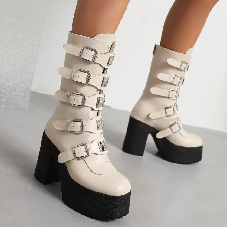 Women's Glossy Metal Buckle Straps Block Chunky Heel Platform Mid-calf Boots