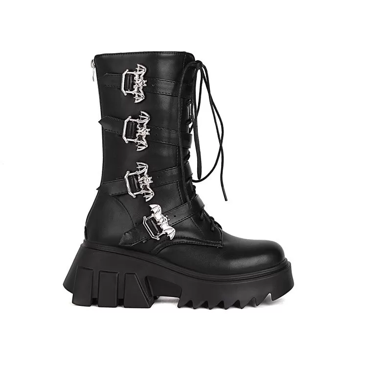 Women's Glossy Metal Buckle Straps Lace Up Block Chunky Heel Platform Mid-calf Boots