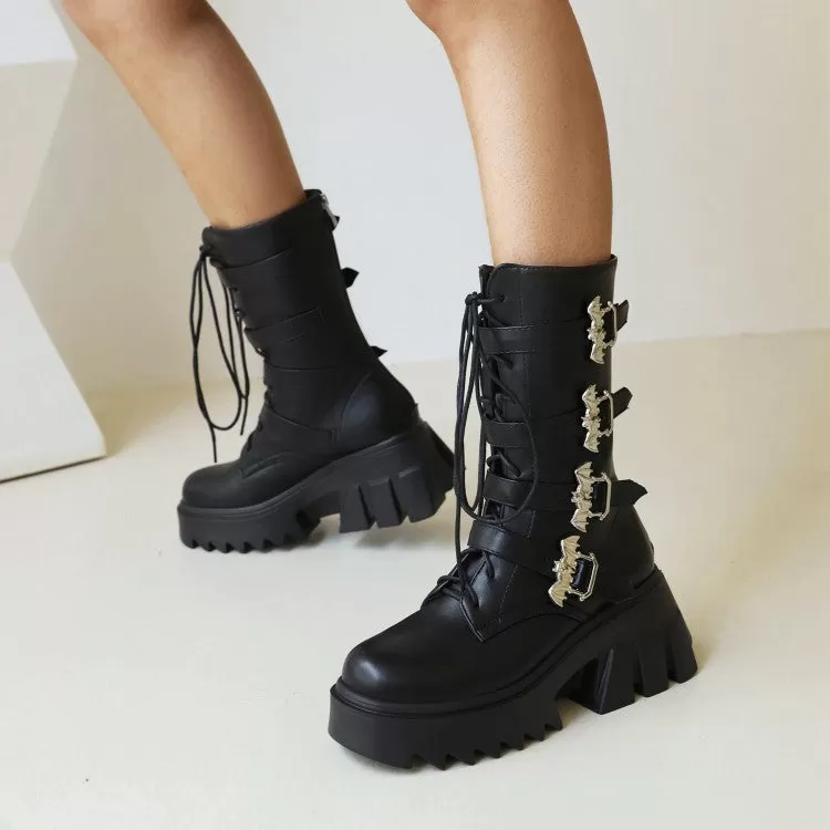 Women's Glossy Metal Buckle Straps Lace Up Block Chunky Heel Platform Mid-calf Boots