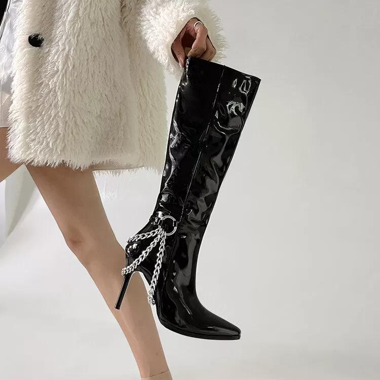 Women's Glossy Pointed Toe Metal Chains Stiletto Heel Knee-High Boots