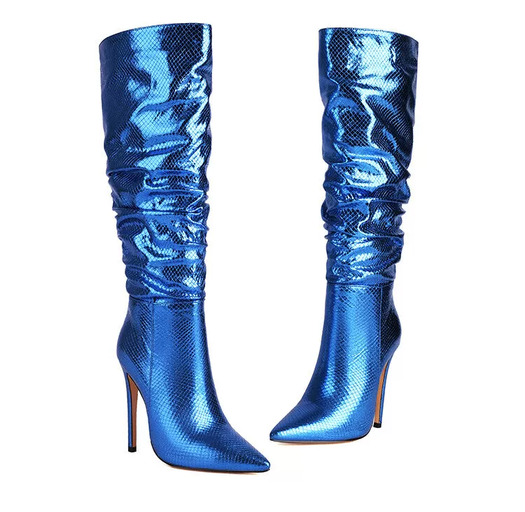 Women's Glossy Pointed Toe Stiletto Heel Slouch Knee High Boots