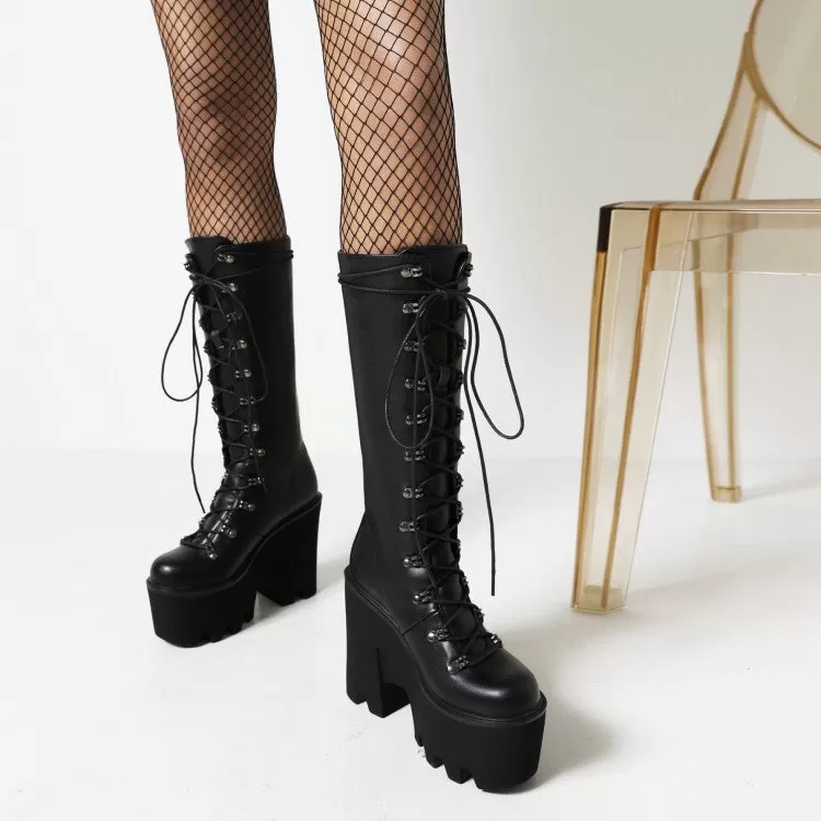 Women's Glossy Round Toe Lace Up Block Chunky Heel Platform Mid-calf Boots