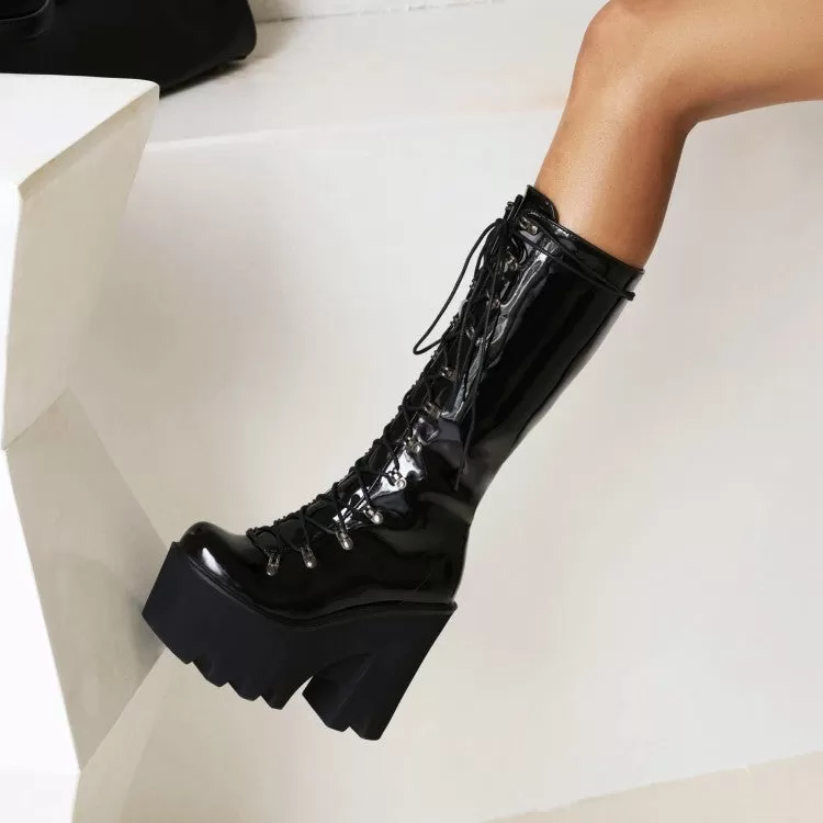 Women's Glossy Round Toe Lace Up Block Chunky Heel Platform Mid-calf Boots