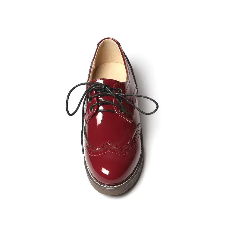 Women's Glossy Round Toe Lace-Up Stitch Oxford Shoes