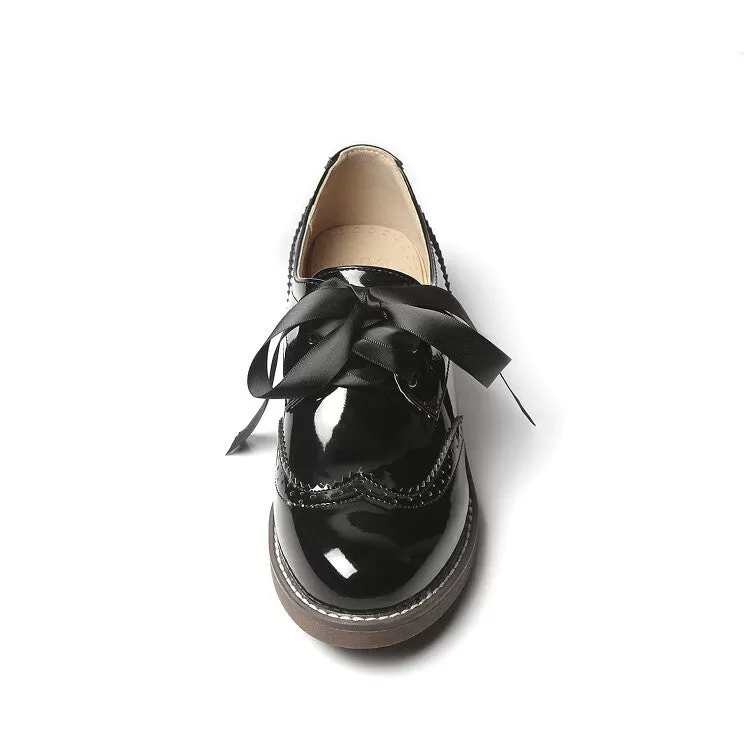 Women's Glossy Round Toe Lace-Up Stitch Oxford Shoes