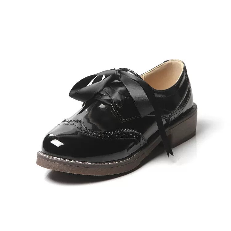 Women's Glossy Round Toe Lace-Up Stitch Oxford Shoes