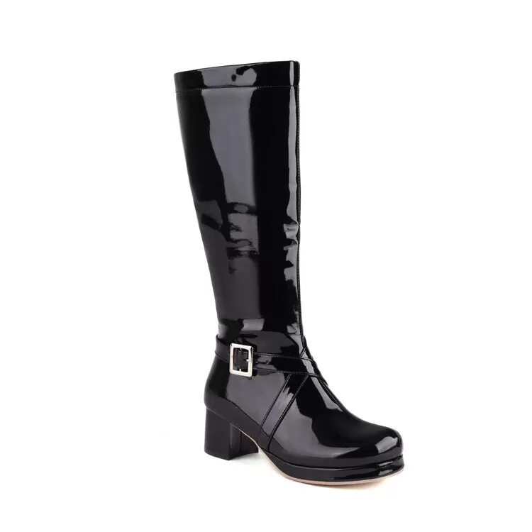 Women's Glossy Square Toe Buckle Straps Block Chunky Heel Platform Knee-High Boots