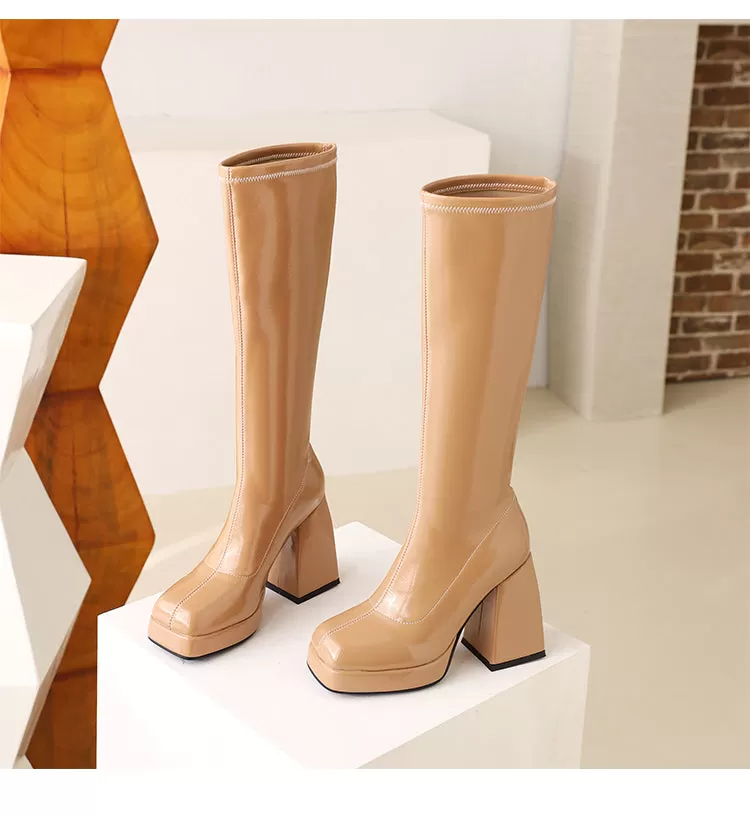 Women's Glossy Square Toe Chunky Heel Platform Knee-High Boots