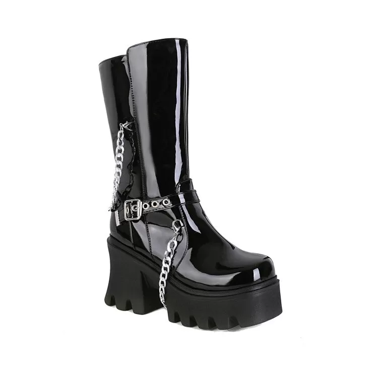 Women's Glossy Square Toe Metal Chains Buckle Straps Side Zippers Block Chunky Heel Platform Mid Calf Boots