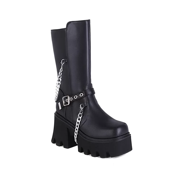 Women's Glossy Square Toe Metal Chains Buckle Straps Side Zippers Block Chunky Heel Platform Mid Calf Boots