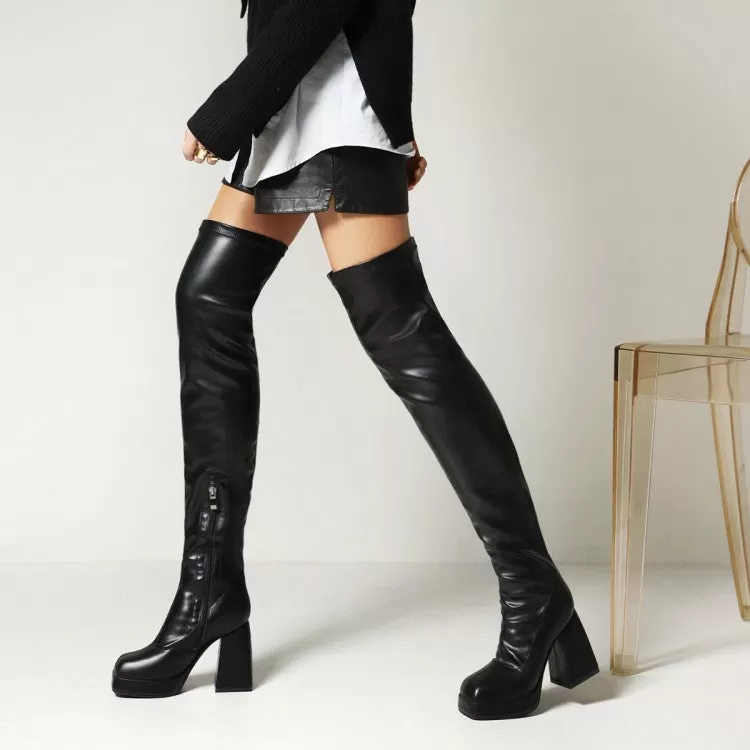 Women's Glossy Square Toe Side Zippers Block Chunky Heel Platform Over the Knee Boots