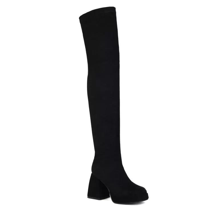 Women's Glossy Square Toe Side Zippers Block Chunky Heel Platform Over the Knee Boots