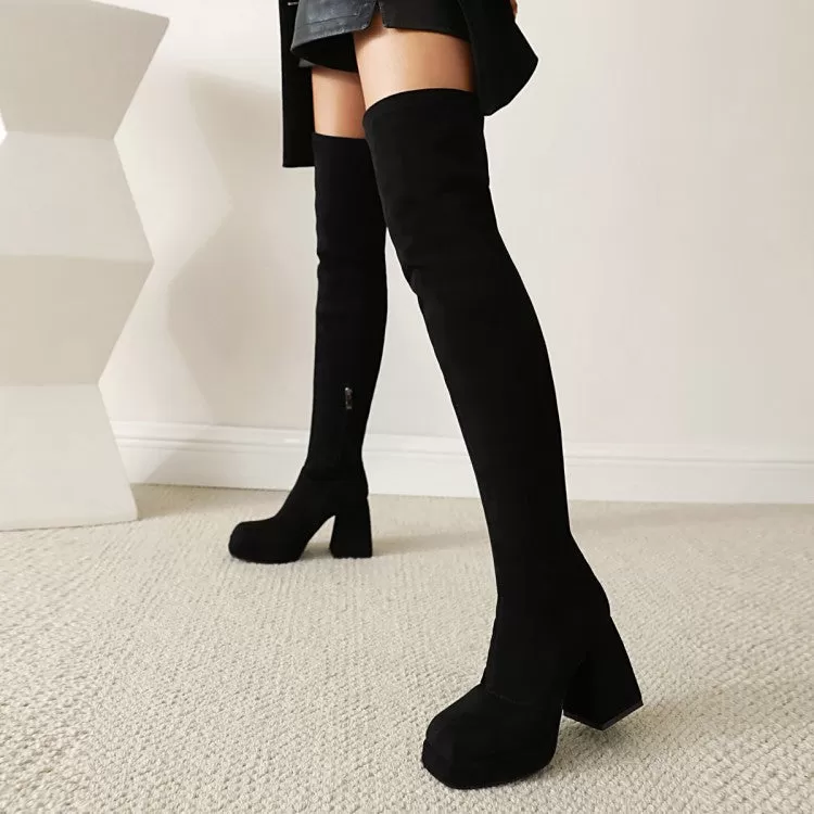 Women's Glossy Square Toe Side Zippers Block Chunky Heel Platform Over the Knee Boots