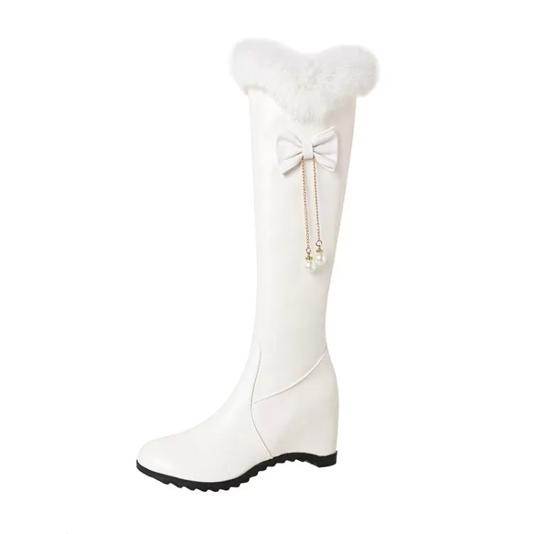 Women's Inside Heighten Wedge Heel Bow Tie Fur Knee-High Boots