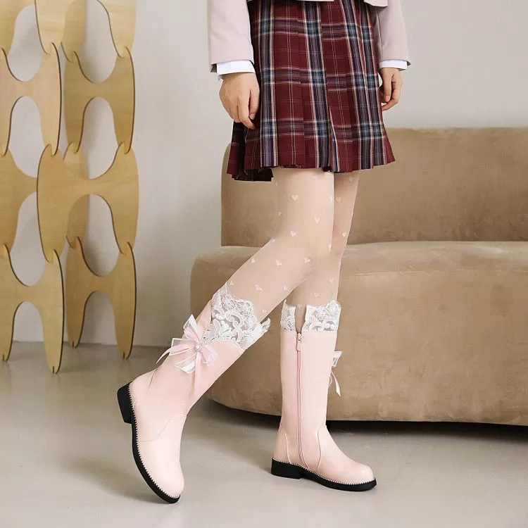 Women's Lace Bow Tie Low Heels Knee-High Boots