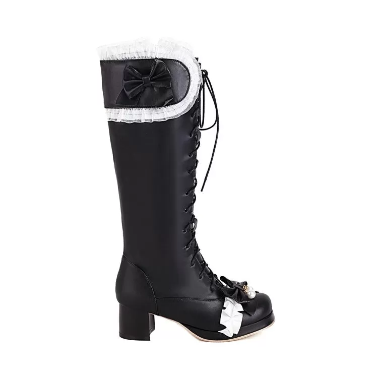 Women's Lace Bows Block Heel Platform Knee-High Boots