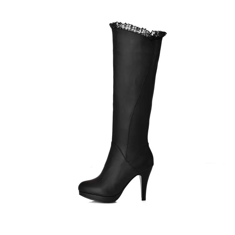 Women's Lace Side Zippers Cone Heel Platform Knee High Boots