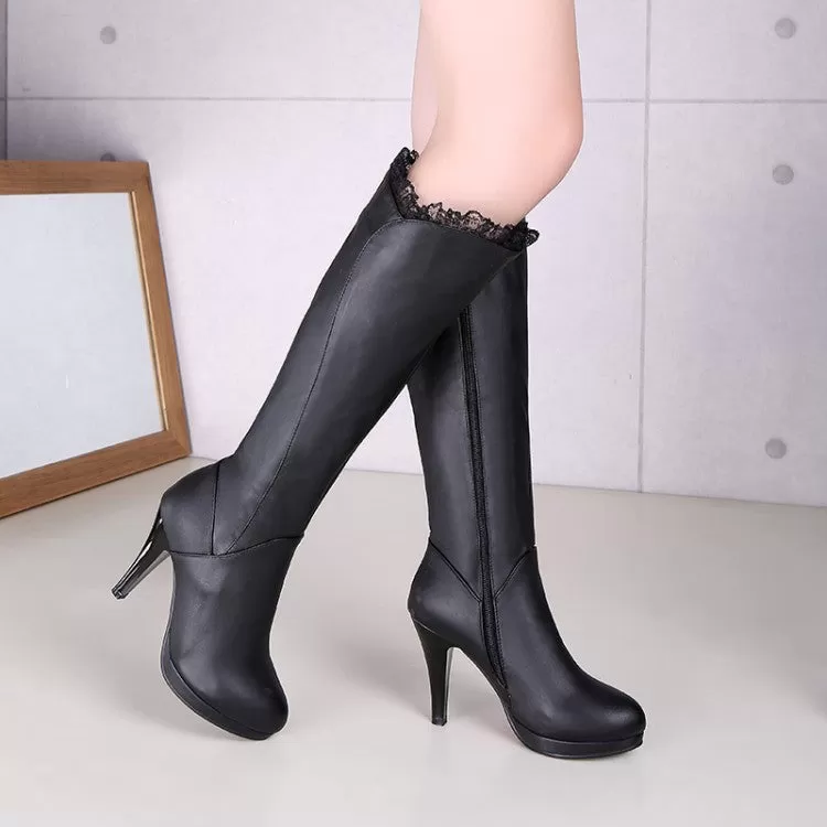 Women's Lace Side Zippers Cone Heel Platform Knee High Boots