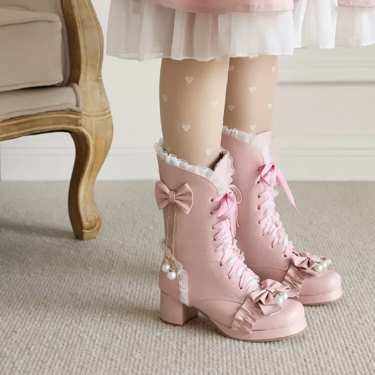 Women's Lace Tied Straps Bow Tie Block Chunky Heel Mid-Calf Boots