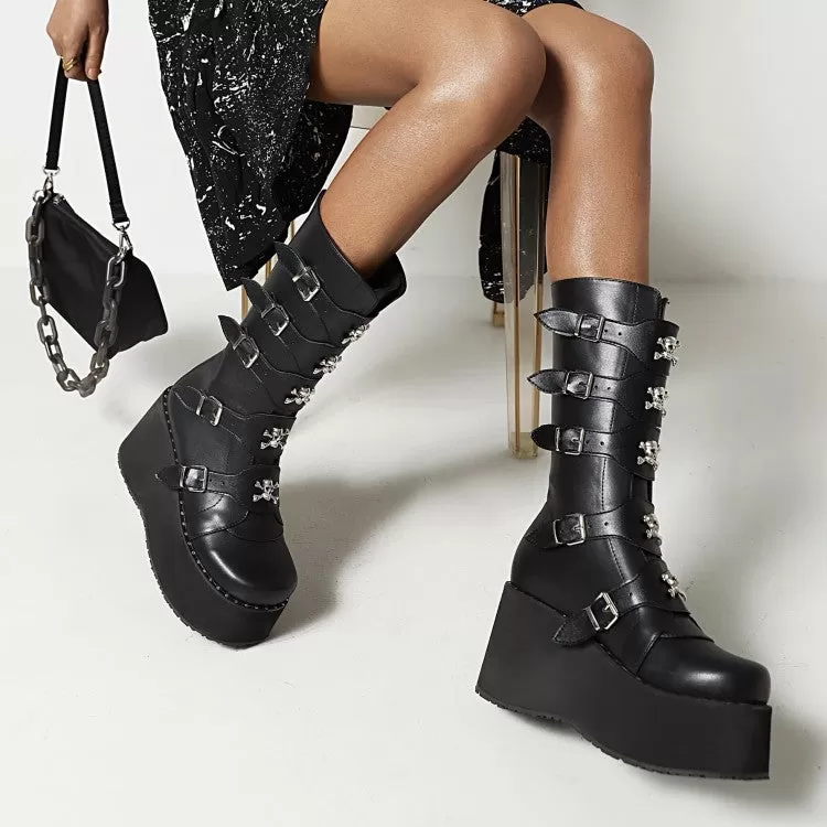 Women's Metal Buckle Platform Wedge Heel Mid Calf Boots