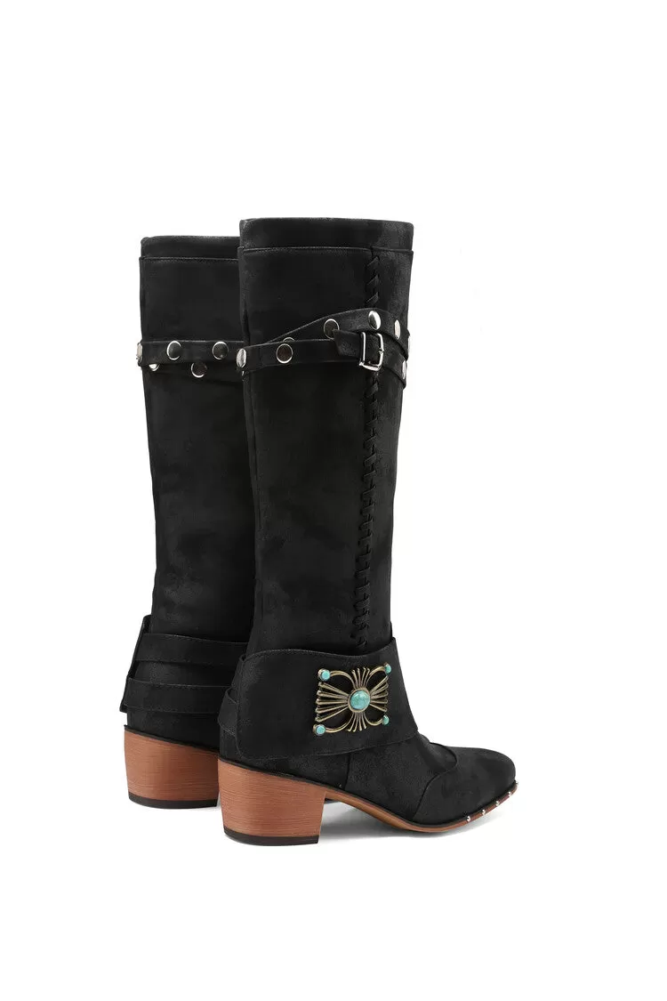 Women's Metal Rivets Puppy Heel Knee High Boots