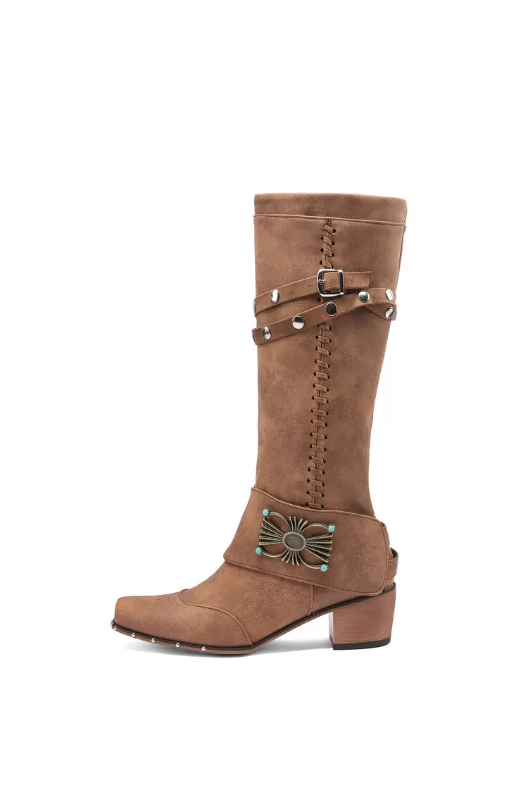 Women's Metal Rivets Puppy Heel Knee High Boots